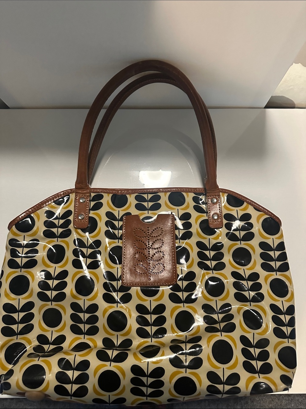 Orla Kiely Yellow, Black & Brown Coated Retro Leaf Tote